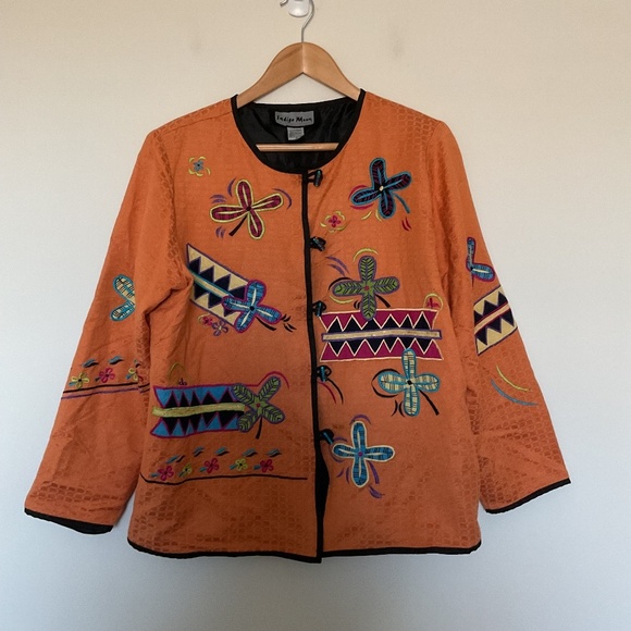 Indigo Moon Orange Jacket M Patchwork Appliqué Embroidered Floral Glass Buttons - Picture 1 of 14